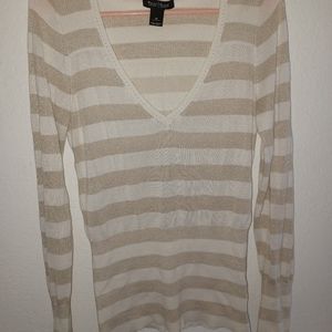 Tan & cream sparkly striped V neck sweater size M